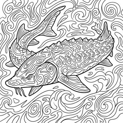 Discover a unique artistic blend with our Psychedelic Sturgeon coloring page. This intricate design features a majestic sturgeon adorned with swirling, mind-bending patterns, perfect for adult colorists seeking a creative challenge.