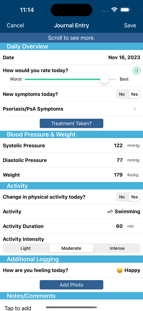 Journal entry screen showing daily symptom tracking and health metrics