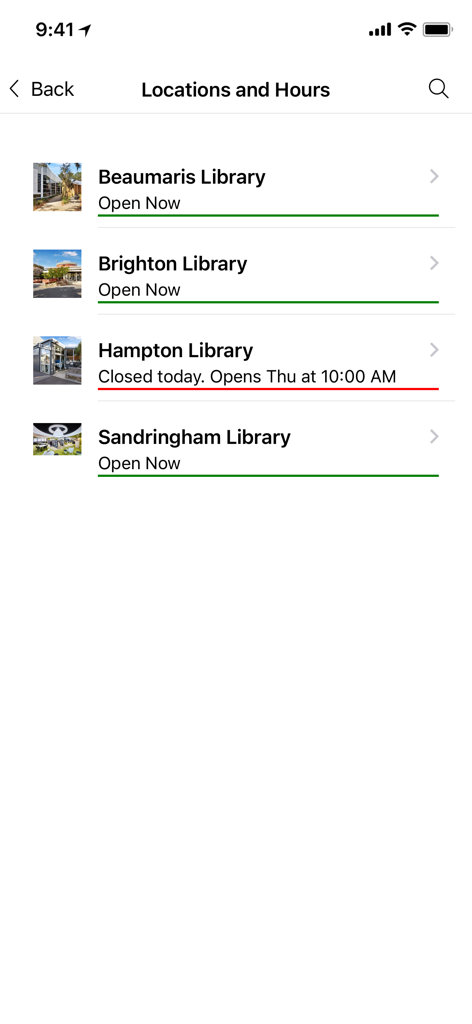 Bayside Libraries - Pantalla que muestra el horario de apertura y el estado de las sucursales de las bibliotecas de Beaumaris, Brighton, Hampton y Sandringham