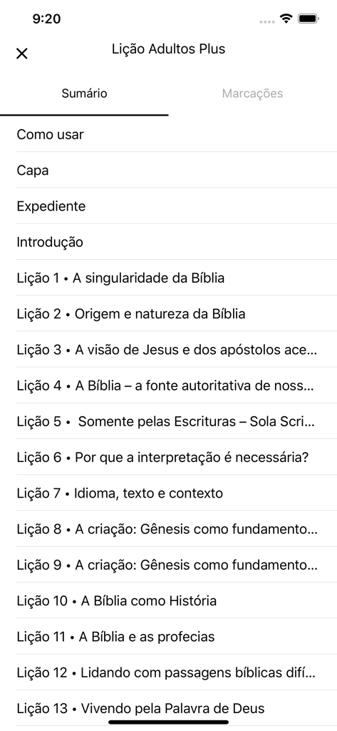 Lição da Escola Sabatina - Lista de conteúdos e sumário das lições para adultos no aplicativo Licao da Escola Sabatina.