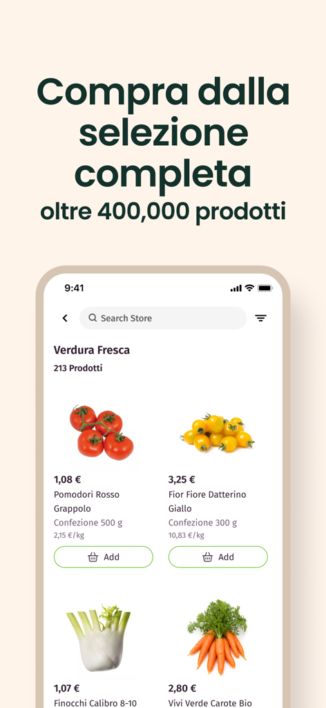 Everli - Spesa online - Everli app interface showing a selection of fresh vegetables including tomatoes and carrots with prices and add buttons