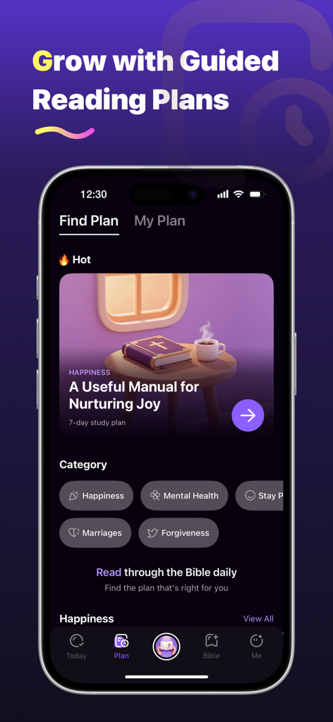 FaithStudy – Bible Study Guide - Screenshot of the FaithStudy app interface showing a list of guided Bible reading plans and categories like happiness and mental health.