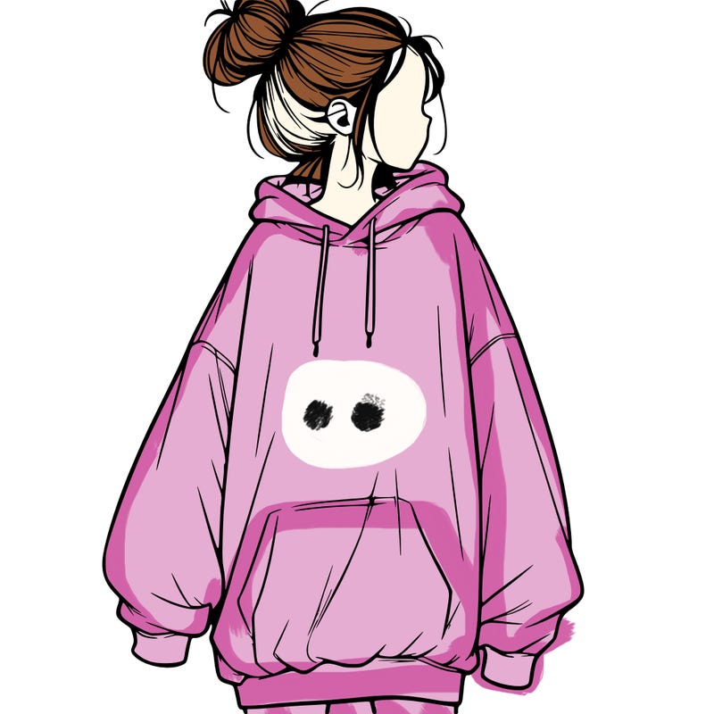 realistic girl with a oversized sweatshirt on and a bun