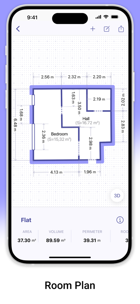 AR Plan 3D Measure Floor, Room - 2D floor plan measurement showing flat layout with area and perimeter calculations