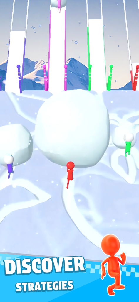 Bridge Race - Personajes de Bridge Race rodando grandes bolas de nieve en un nivel de montaña nevada