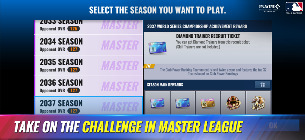 Master League season selection screen in MLB 9 Innings 26 featuring Diamond Trainer rewards.