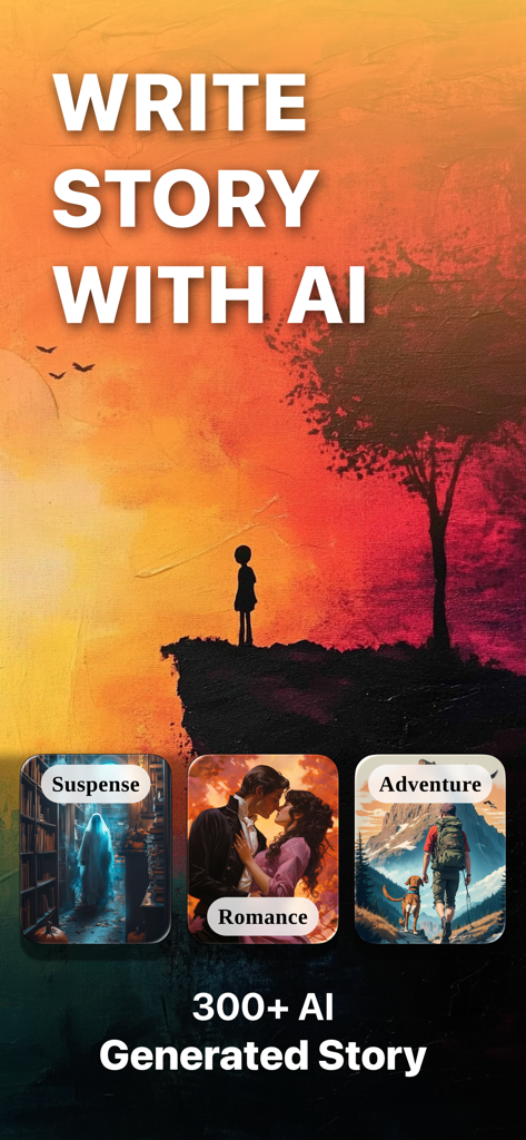 NovelAI | AI Story Generator - Interface do aplicativo NovelAI mostrando opções para escrever histórias com IA em gêneros como Romance de Suspense e Aventura.