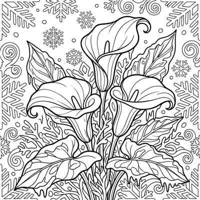 Embrace the unexpected beauty of winter with this captivating coloring page featuring graceful calla lilies amidst a frosty wonderland. Unleash your creativity as you bring vibrant life to delicate snowflakes and elegant blooms.