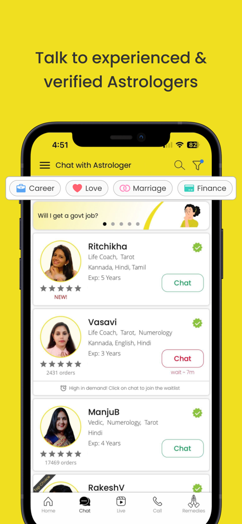 Astrotalk - Talk to Astrologer - Astrotalk app screen showing a list of verified astrologers with their specialties and a chat button