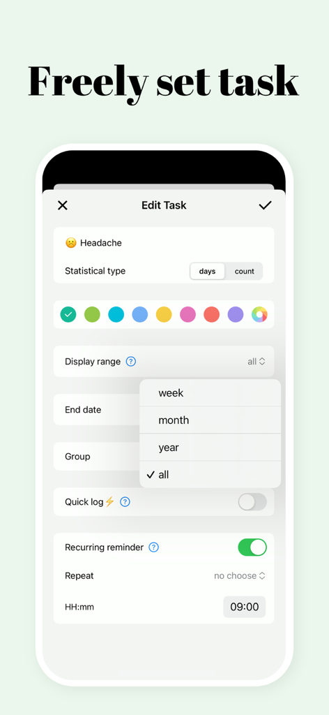 Interface showing task customization in FastLog habit tracker with options for statistical types and recurring reminders.