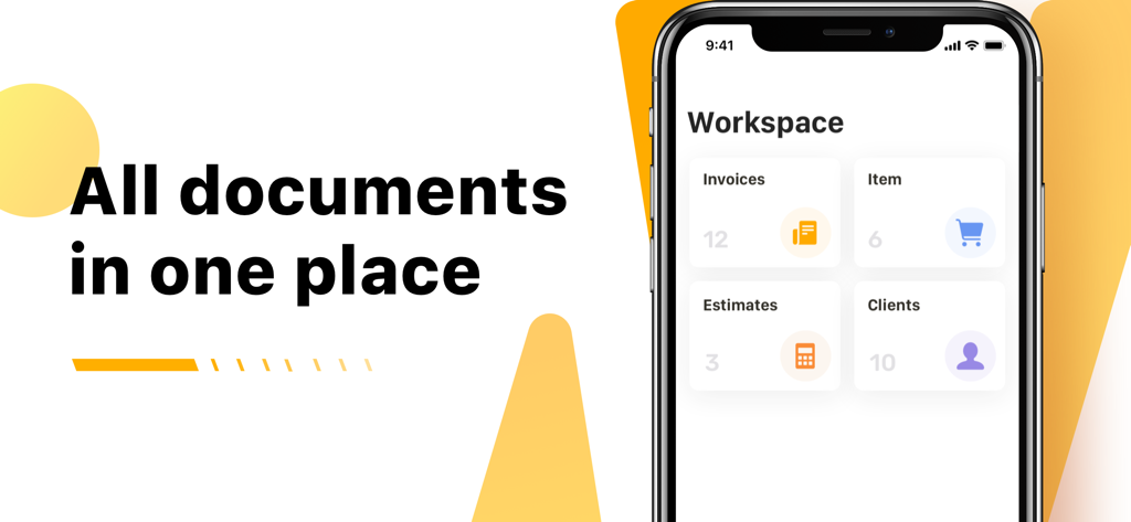 Nova Invoice-PDF Invoice Maker - Nova Invoice app workspace dashboard on an iPhone showing sections for invoices, items, estimates, and clients.