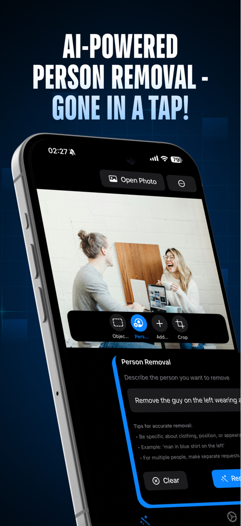 AIPGEN app interface showing the AI powered person removal feature on an iPhone