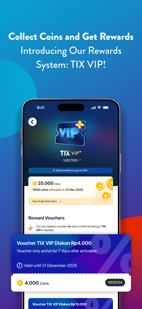 TIX ID - Captura de pantalla de la aplicación TIX ID que muestra el programa de fidelización VIP de TIX con saldo de monedas y vales de descuento