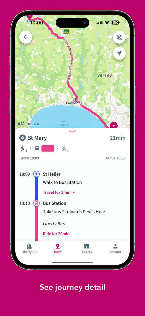 LibertyBus - LibertyBus 모바일 앱 인터페이스에 저지에서 버스 경로 지도와 단계별 버스 안내가 포함된 상세 여정 계획이 표시됨