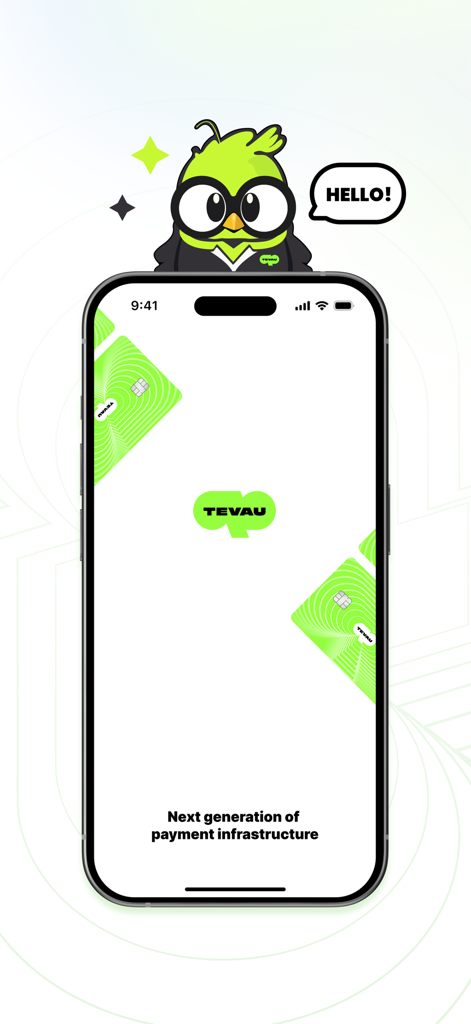 TevauPay - Pantalla de presentación de la aplicación TevauPay con una mascota de búho verde y tarjetas de pago digitales