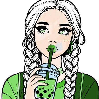 realistic girl with braided hair drinking boba