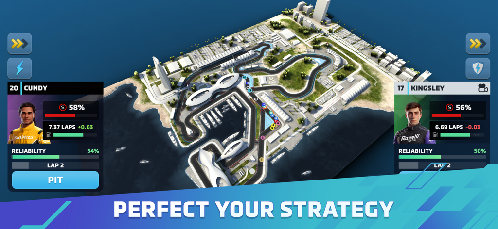 Eine 3D-Draufsicht auf eine Küstenrennstrecke in Motorsport Manager Online, die Fahrerstatistiken und Strategieoptionen für ein Mehrwagen-Team zeigt.