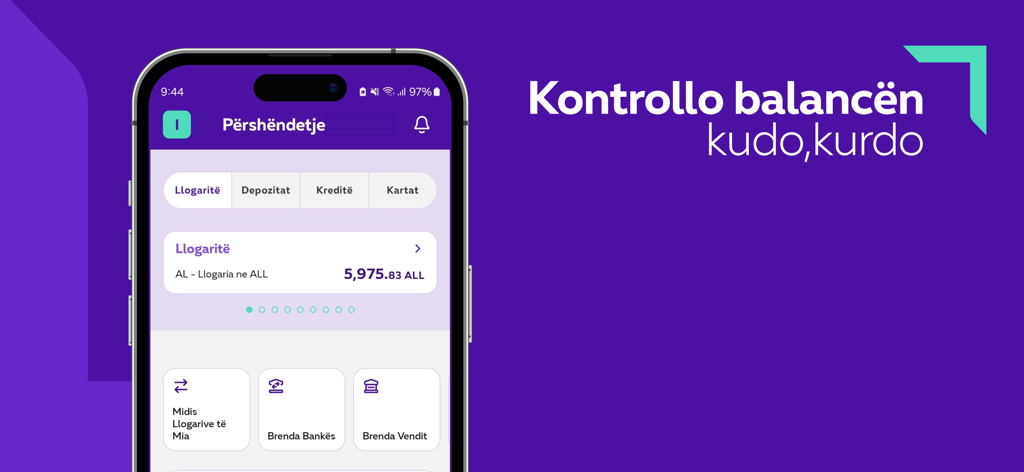 CREDINS online - The Credins Online mobile banking app interface showing an account balance in Albanian Lek with the text Kontrollo balancen kudo kurdo