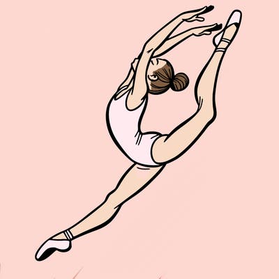 gymnast doing a leap in a leotard with a bent back leg