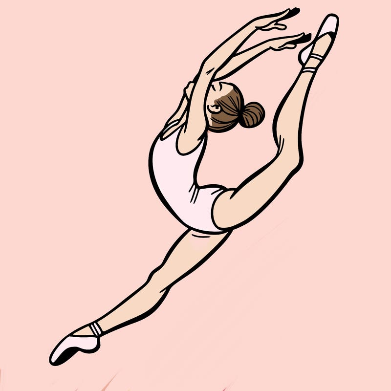 gymnast doing a leap in a leotard with a bent back leg