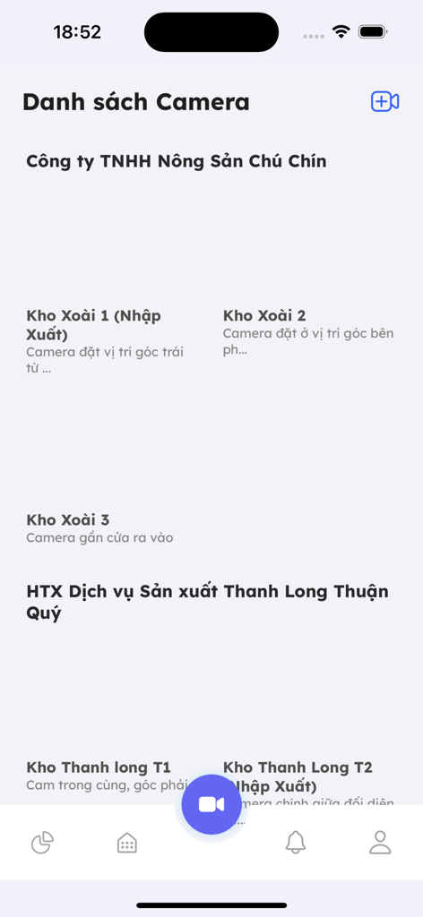 FruitAI - FruitAI mobile app screen displaying a list of cameras in fruit warehouses