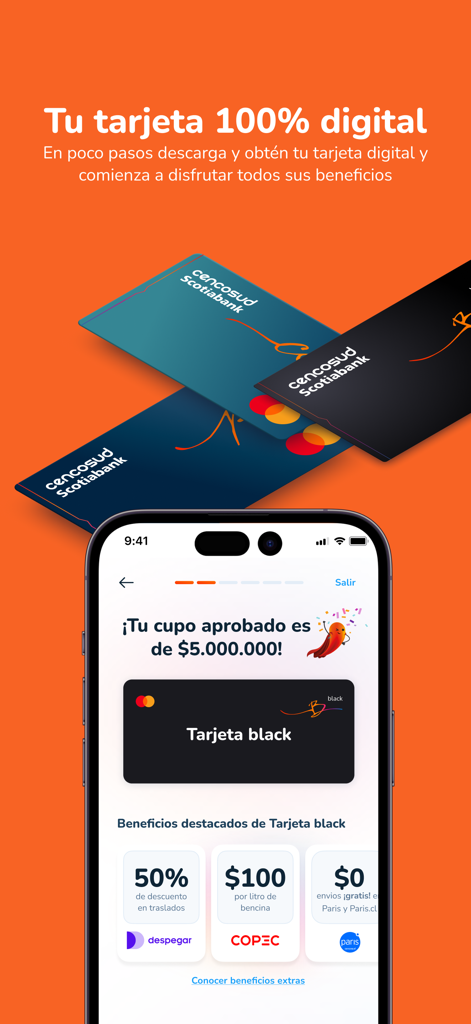 Cencosud Scotiabank mobile app interface showing a 100 percent digital credit card with approved credit limit and partner discounts.