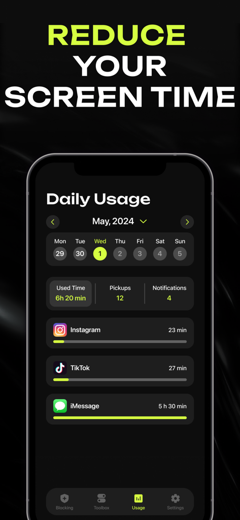 Super App Lock: Screen Time - Daily screen time dashboard showing usage stats for Instagram TikTok and iMessage