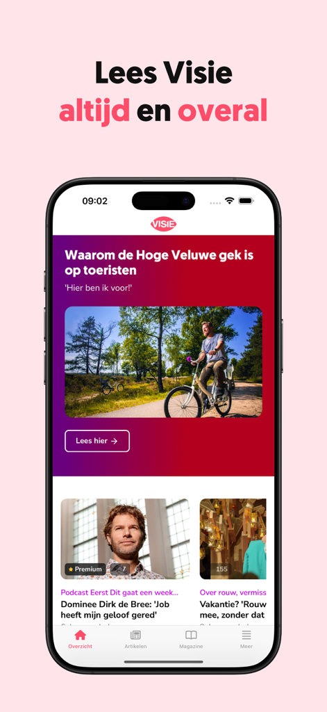 Interface do aplicativo Visie Magazine mostrando artigos de estilo de vida e baseados na fé em holandês