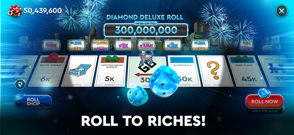 MONOPOLY Poker - Texas Holdem - Monopoly Poker in-game screen showing the Diamond Deluxe Roll feature with blue dice and fireworks