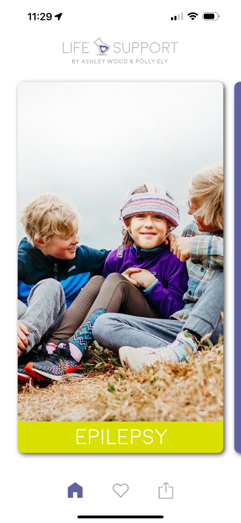 Life Support - Epilepsy - The Life Support app screen displaying a card for epilepsy support with a photo of children