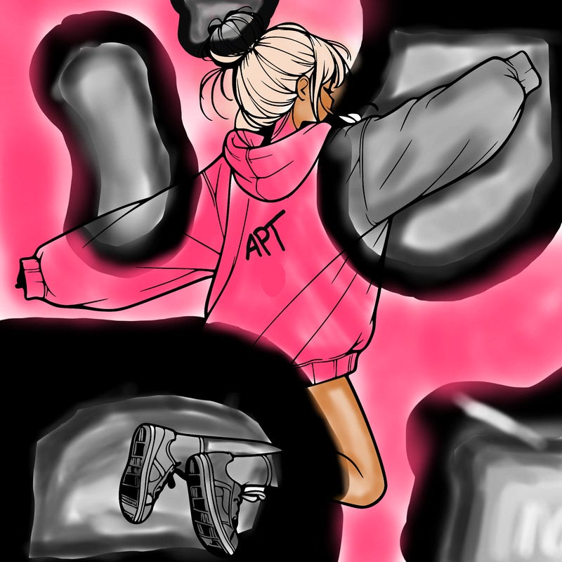 realistic girl jumping with a bun and oversized sweatshirt