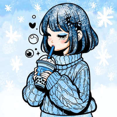 manga girl drinking boba in cozy sweater