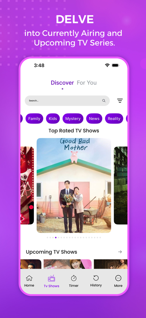 Mobile App-Oberfläche, die eine Entdeckungsseite für Top-bewertete und kommende TV-Serien mit Genre-Filtern zeigt