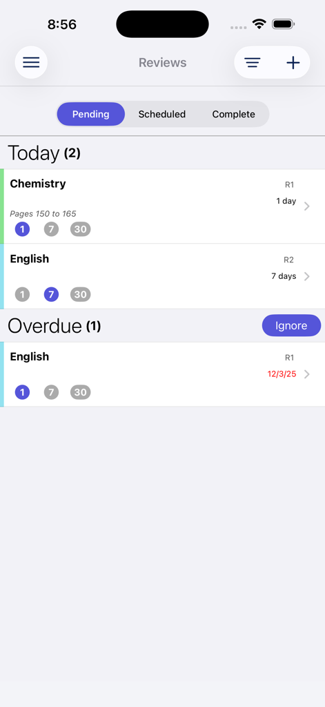 Interface of the Aprovado app displaying pending study reviews for today and overdue sessions across different subjects.