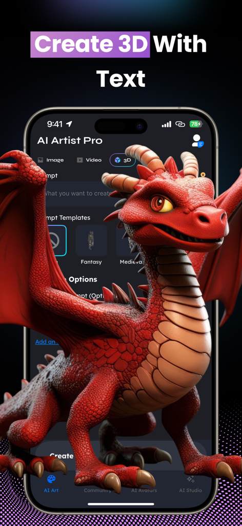 Vidu - AI Video Generator Tool - Vidu app interface demonstrating 3D character generation from text with a red dragon model.
