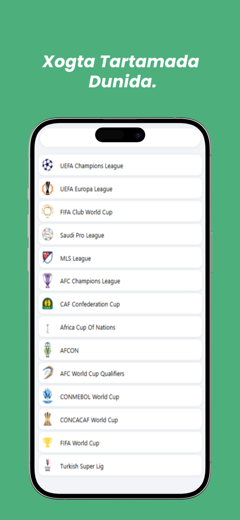 Liste der internationalen Fußballligen auf der somalischen Sport-App Fiirso Hada