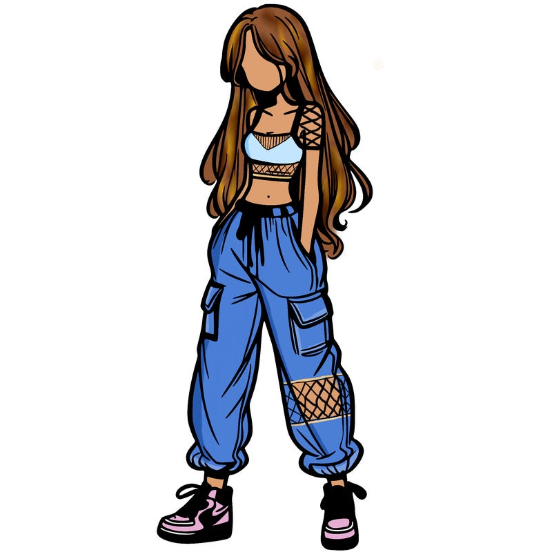 girl in baggy pants crop top and long hair