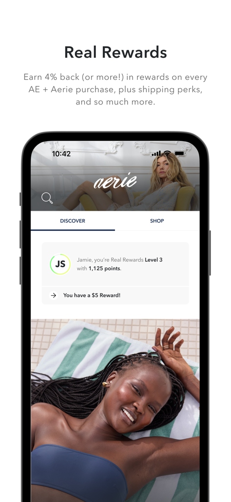 Schermata dell'app AE e Aerie che mostra i punti Real Rewards e una notifica di un premio di cinque dollari.