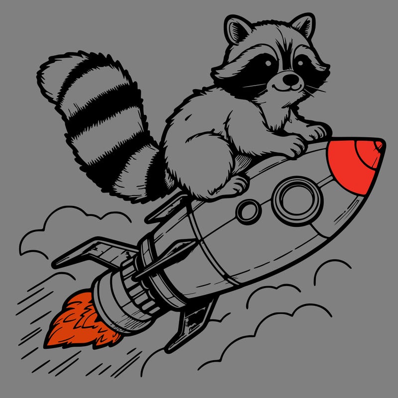 realistic raccoon flying on top rocket ship