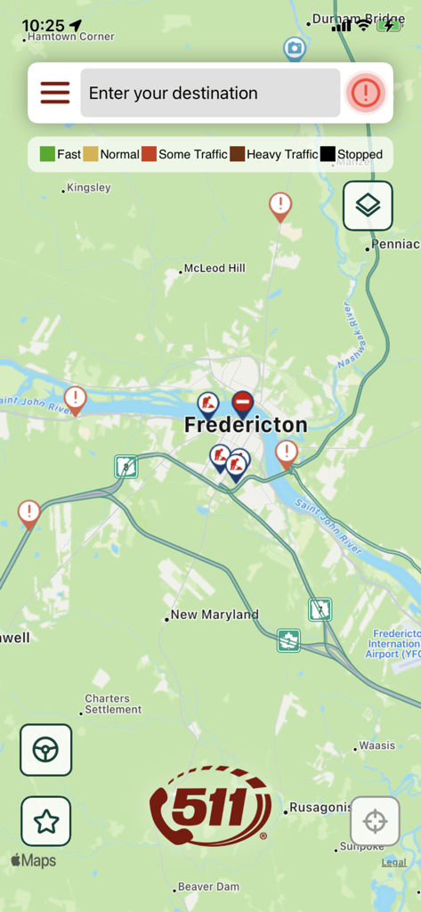 Real-time traffic map of Fredericton showing road incidents and construction alerts in the 511 New Brunswick app