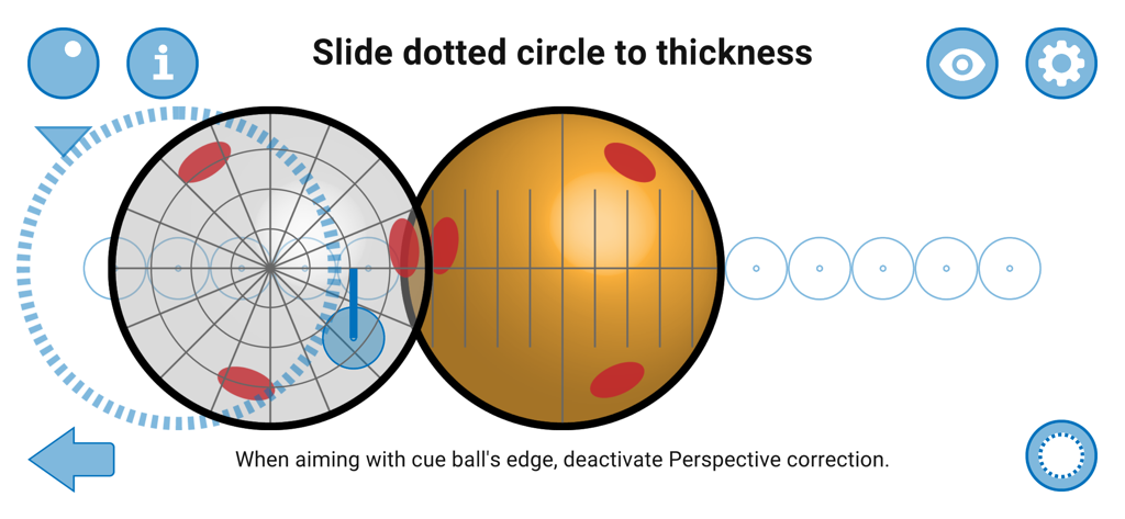 Billiards Aiming Assistant - Interface of the Billiards Aiming Assistant app showing the adjustment of a dotted cue ball circle against an object ball to determine aiming thickness