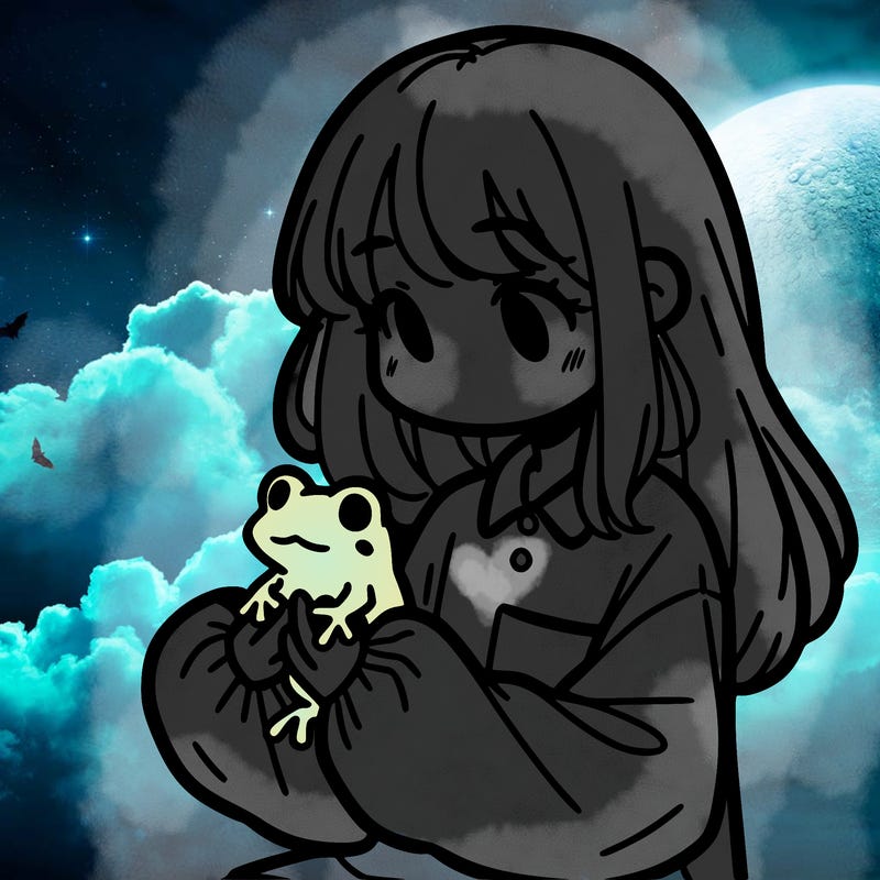 girl with long hair and a oversized shirt. and she is holding a frog