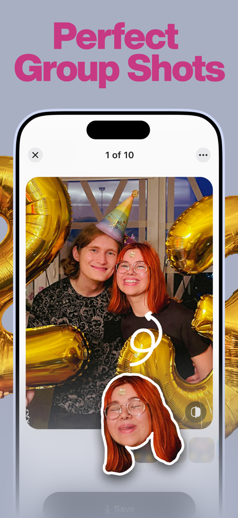 reshoot: AI Face & Hair Editor - AI face editor app showing how to replace a face in a group photo for a perfect shot.