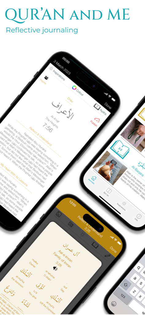 Qur'an And Me Journal - Multiple iPhone screens showing the Quran and Me Journal app interface with reflection cards and word by word translations