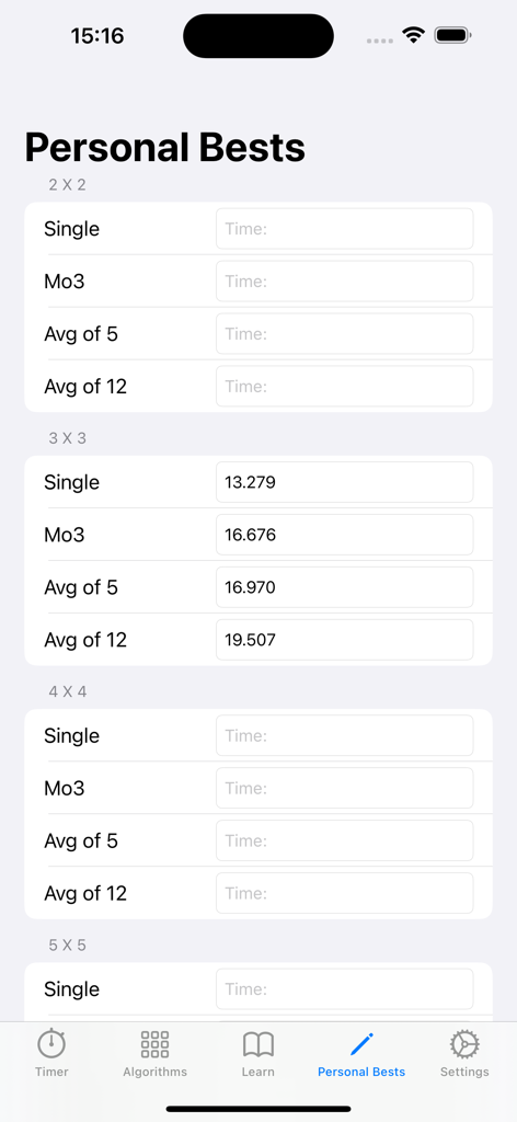 The Cube App Pro - Écran des records personnels dans The Cube App Pro affichant les temps de résolution pour les cubes 2x2, 3x3, 4x4 et 5x5