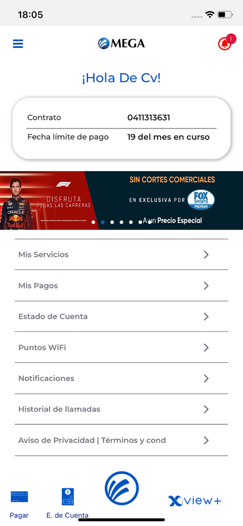Panel de la aplicación móvil Megacable que muestra el número de cuenta, la fecha límite de pago y el menú de servicios