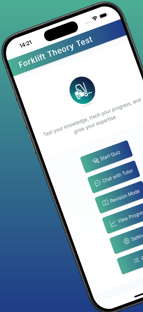 Forklift Theory Test - Home screen of the Forklift Theory Test app showing menu options for quizzes and an AI tutor