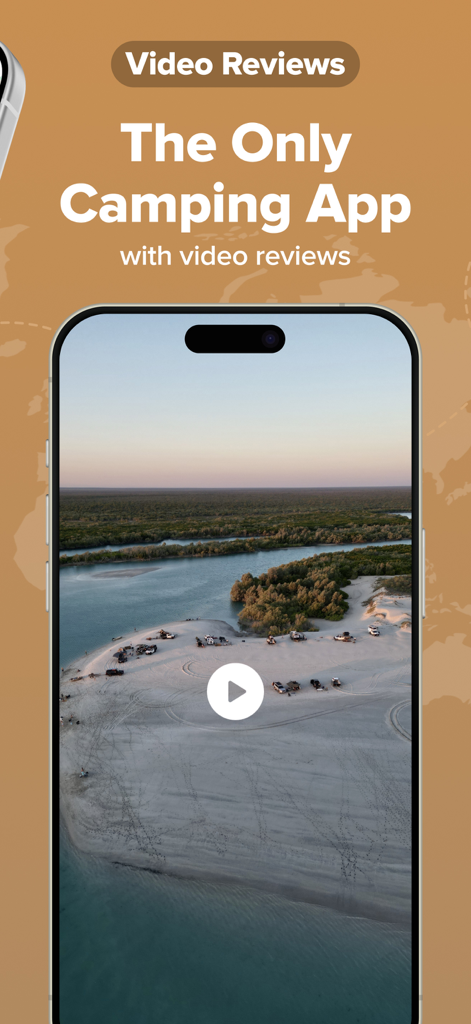 Smartphone displaying TerrainOne app with a video review of a beach campsite and off-road vehicles