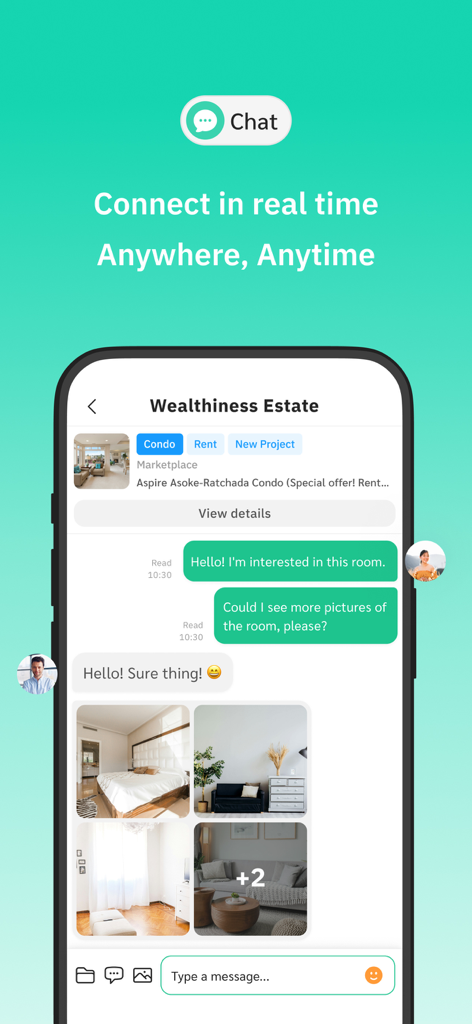 Livinginsider:Thai #1 Property - Livinginsider app real-time chat interface showing a property inquiry with interior room photos and English messages between a user and agent.