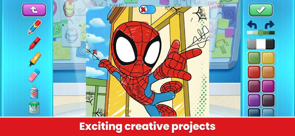 Actividad digital de colorear de Spider-Man con herramientas creativas de dibujo